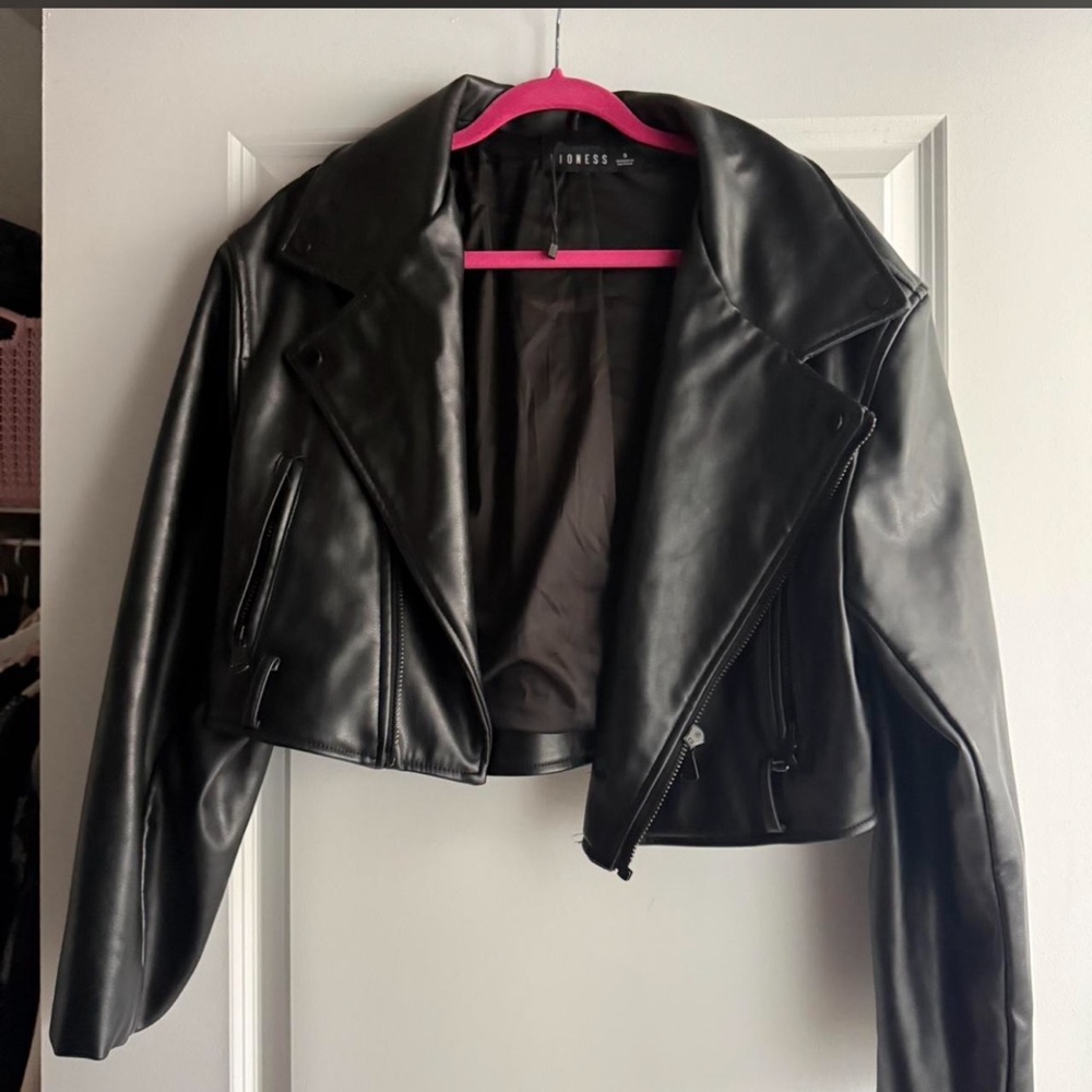 Lioness Black Cropped Faux Leather Moto Jacket